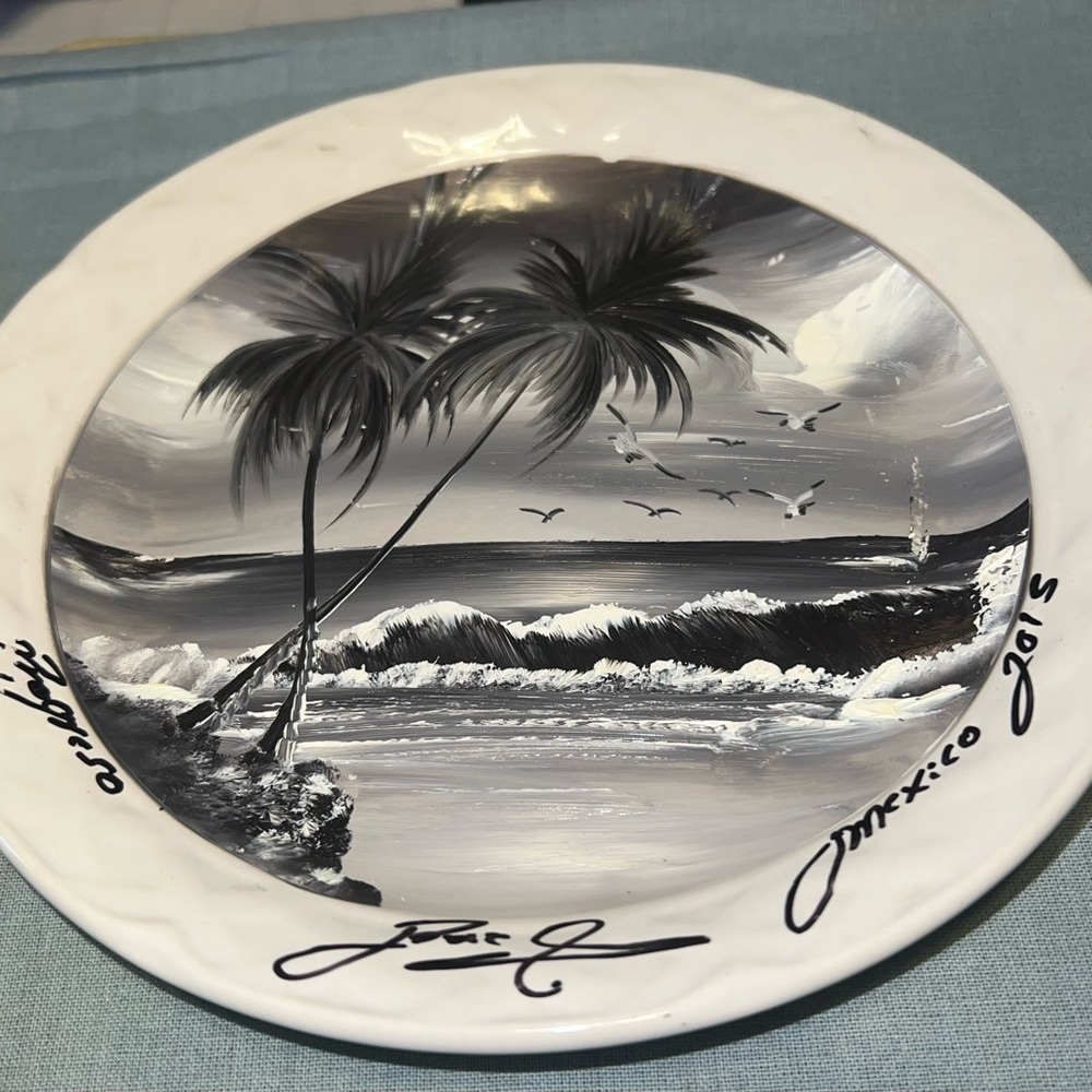 Signed Mexican Art Plate, Black and White Beach Scene, Palm‎ Trees, Seagulls